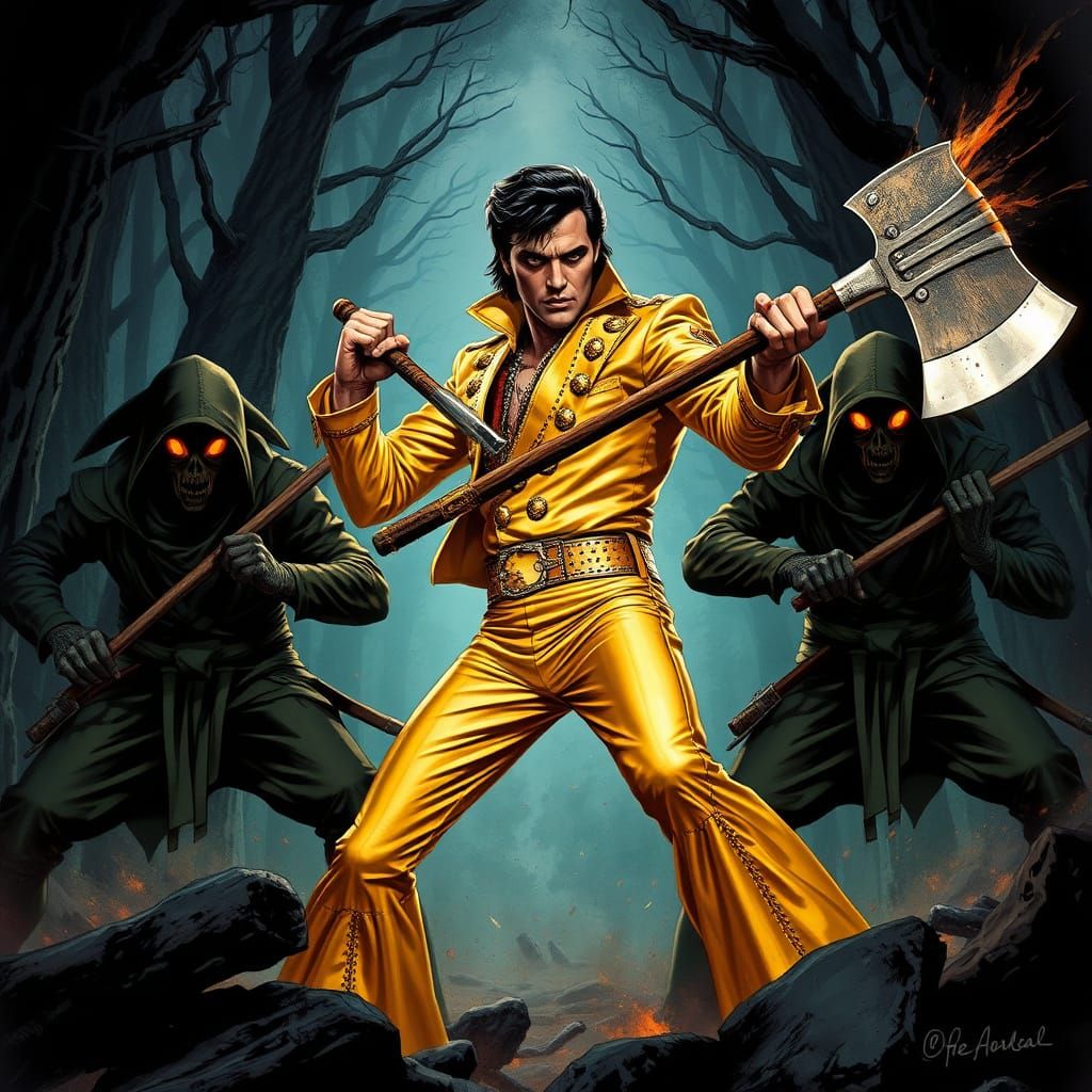 Elvis Battles Undead Ninjas in a Mystical Forest