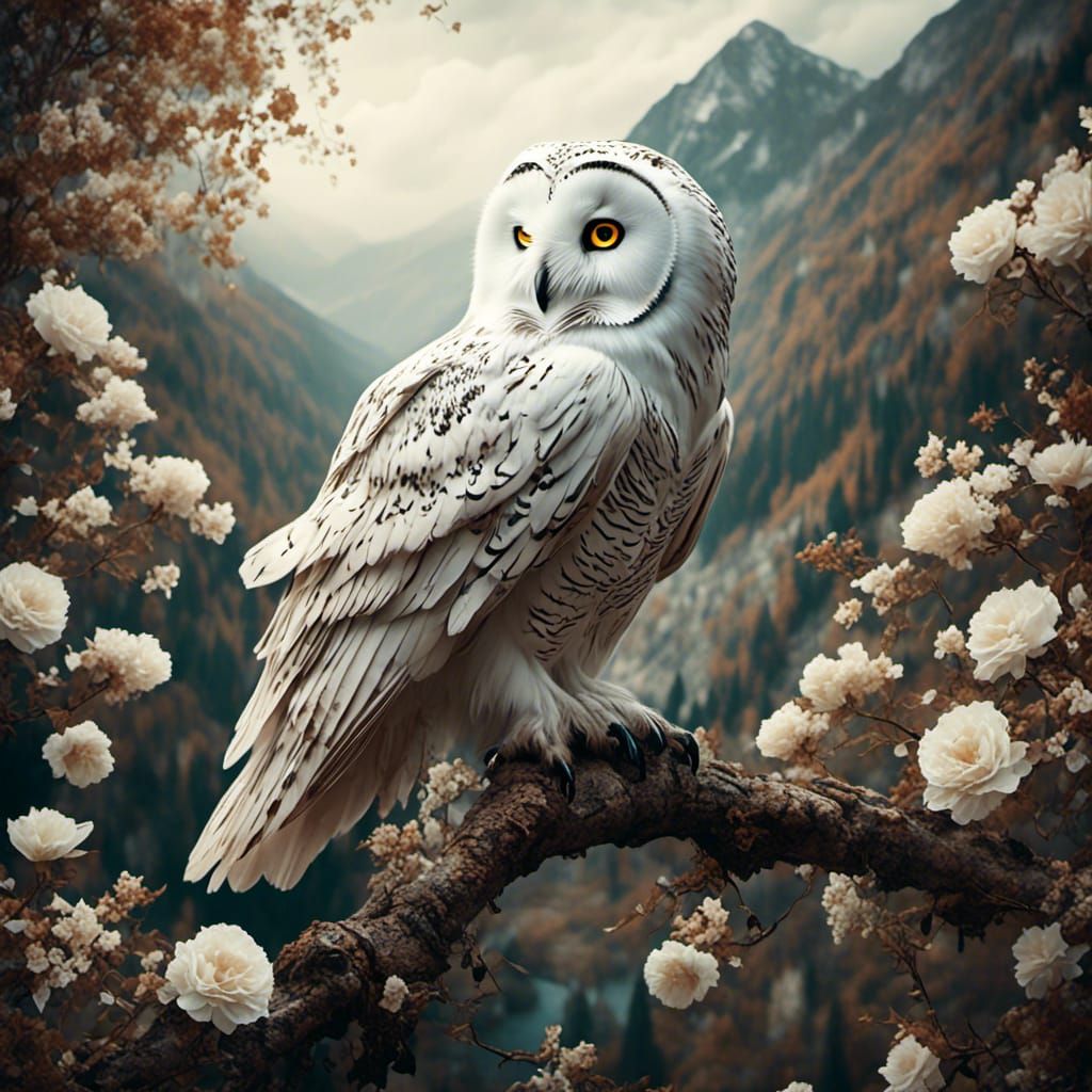 White Owl in Mountain Valley: Antique Watercolor