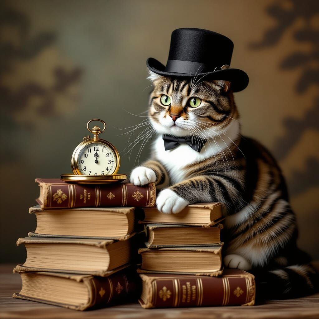 Dapper Cat in Bowler Hat Reads Pocket Watch on Books