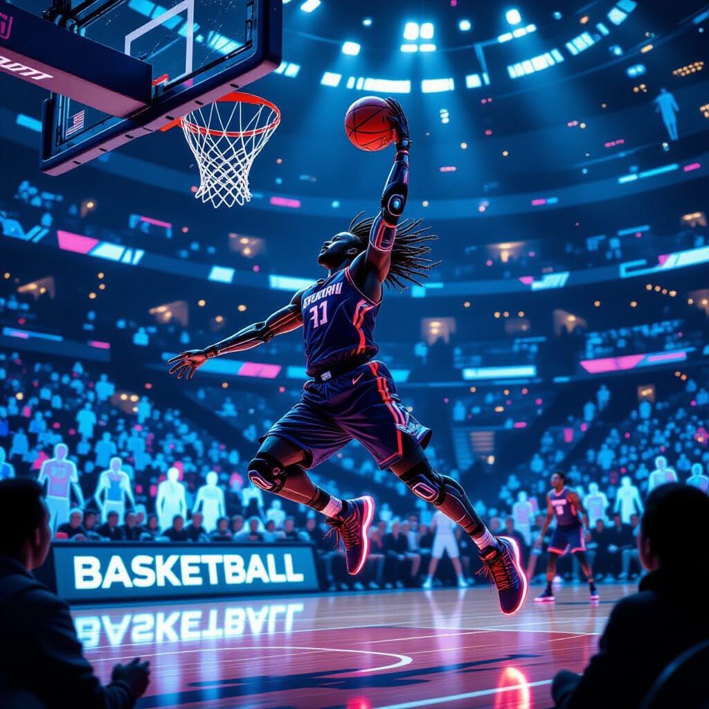 Cyberpunk Basketball Player Dunk in Matte Painting Style