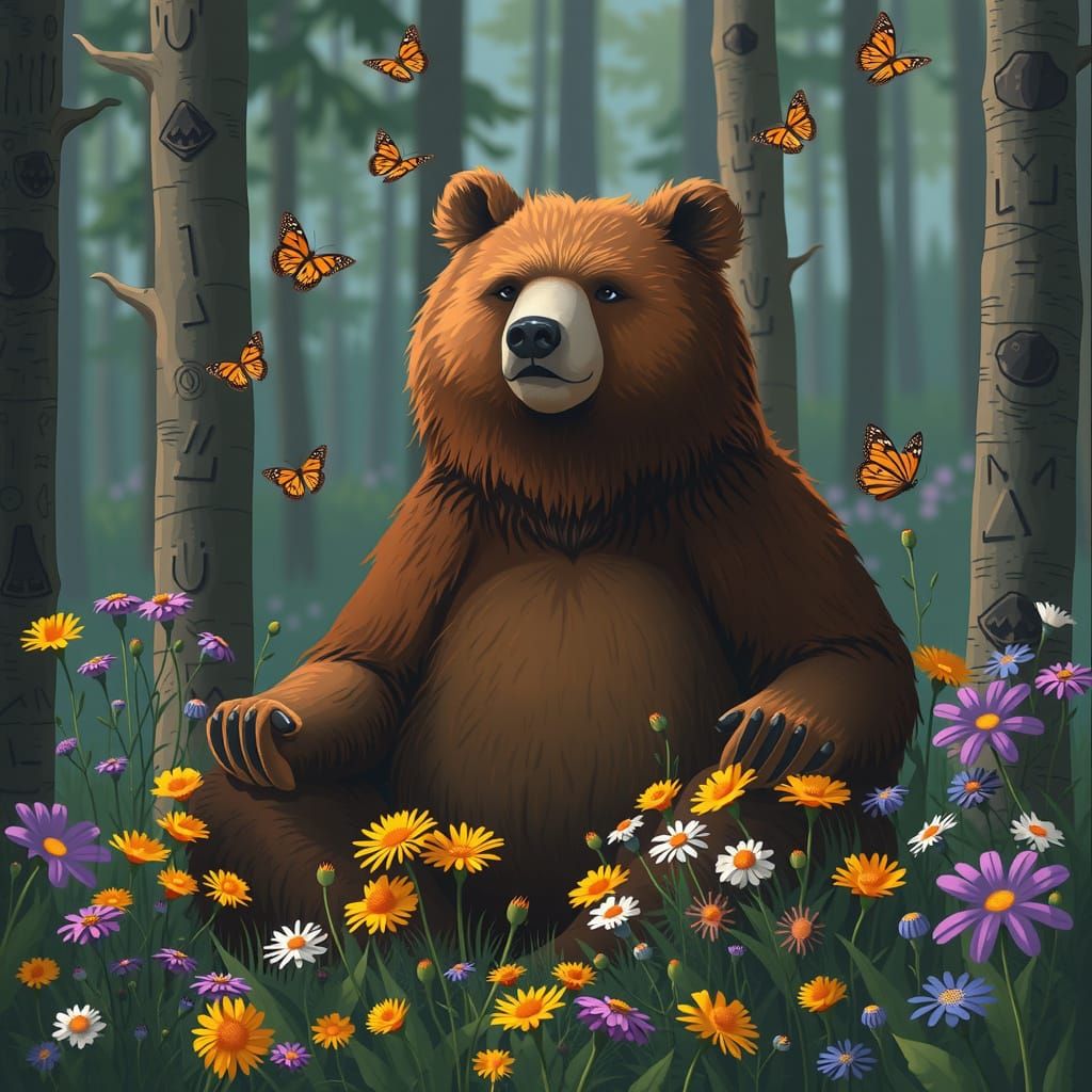 Serene Bear in a Floral Wonderland
