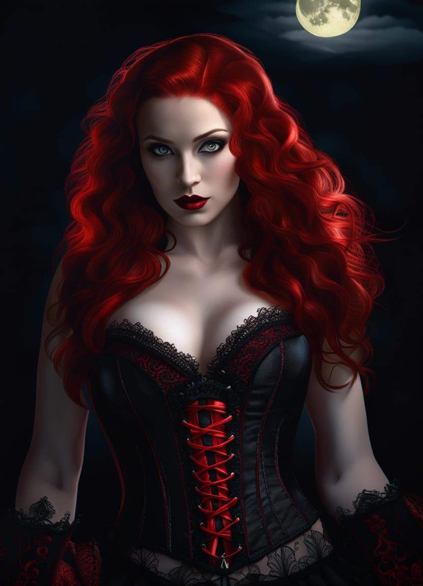 Redhead Vampire Portrait Under Moonlight in Gothic Style