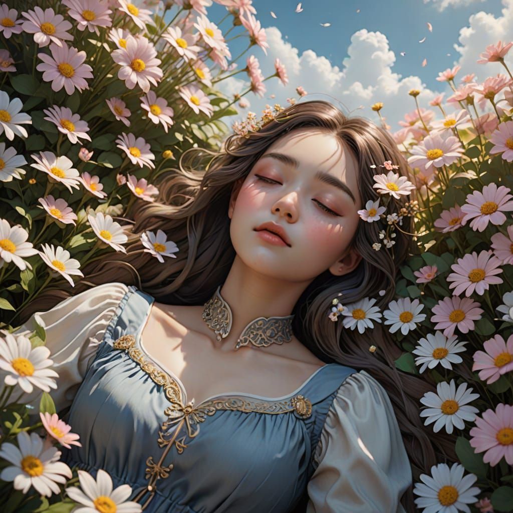 Surreal Character Resting Among Blooming Flowers