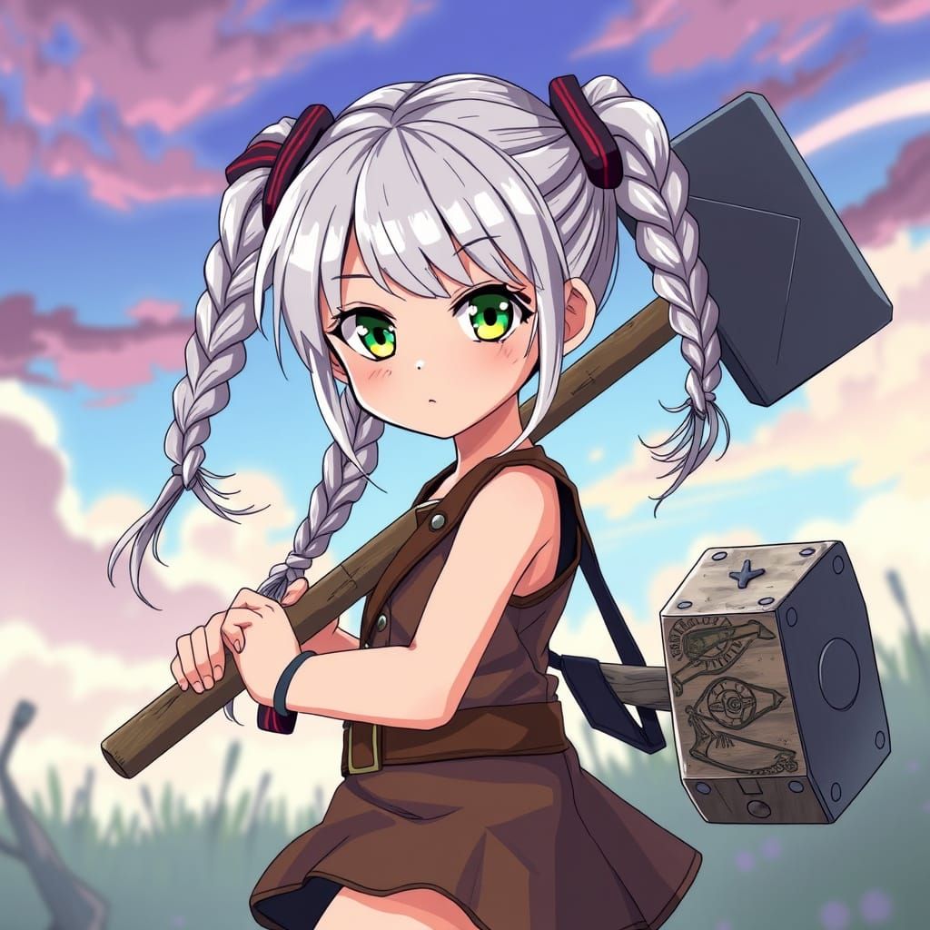 Anime Girl with Hammer in Vibrant Style