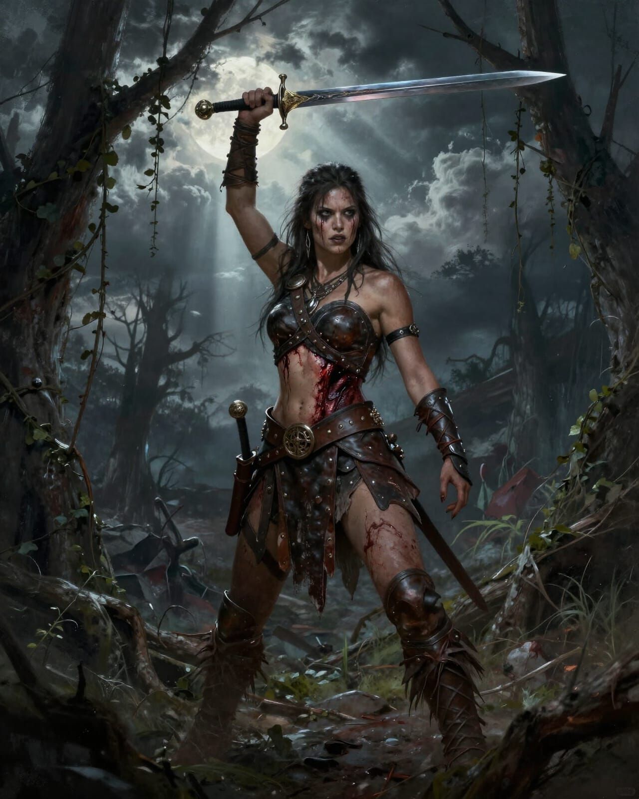 Barbarian Warrior in Desolate Forest, Dark Fantasy Art