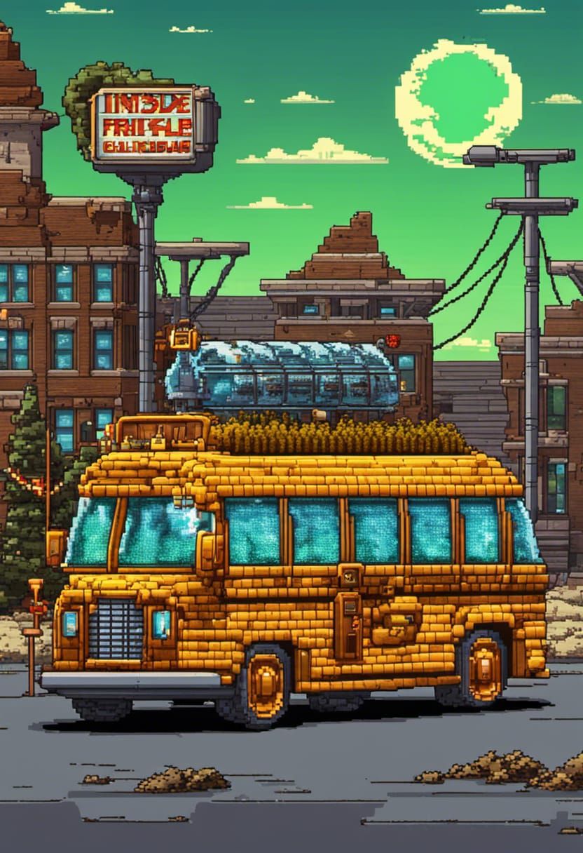 Magic School Bus in Fallout, Pixel Art Style