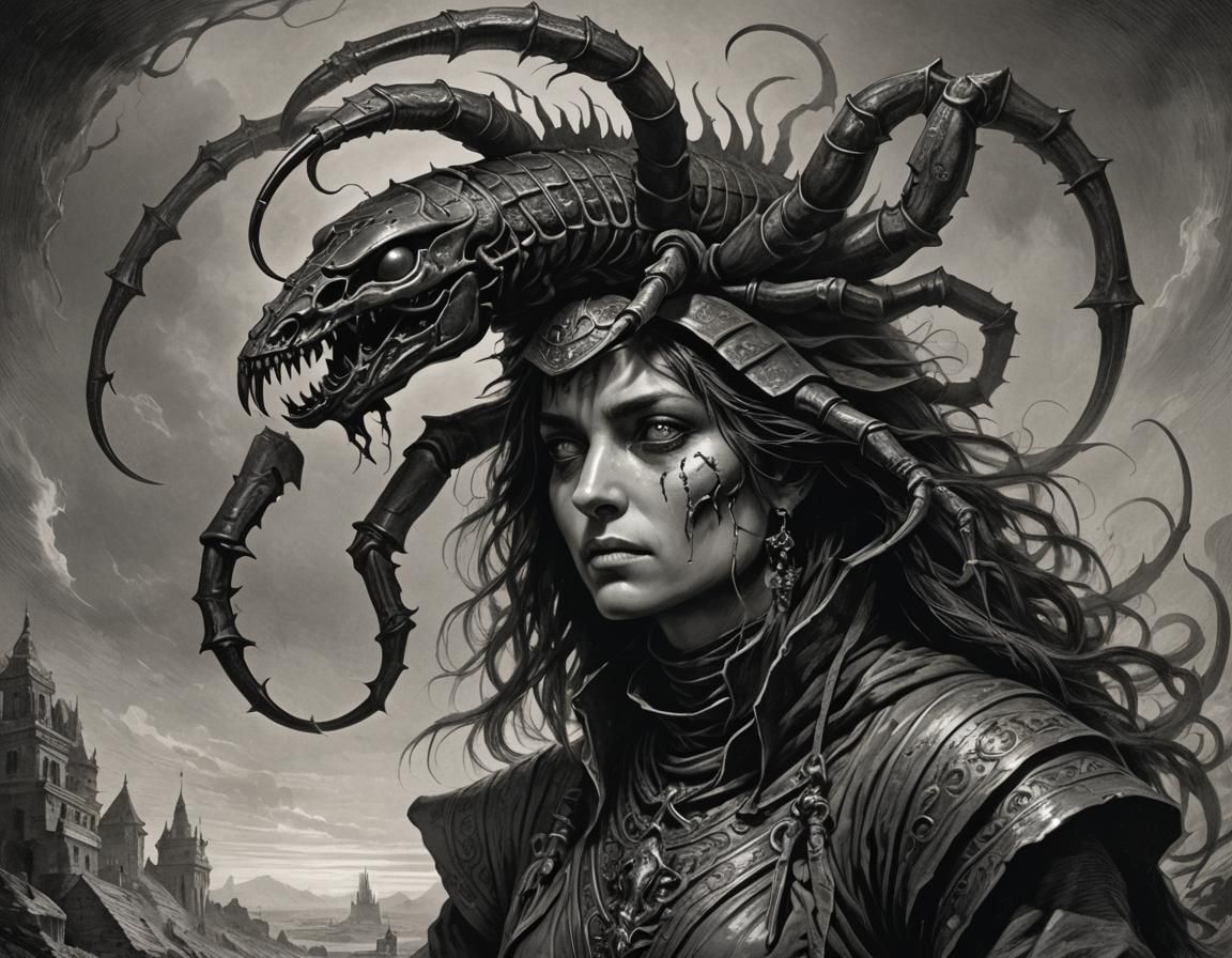 Scorpion Woman in Horror Illustration Style