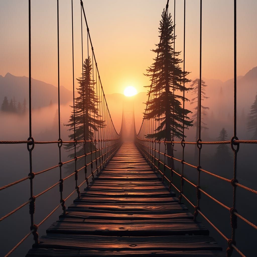 A painting of a breathtaking view of a suspension bridge dur...