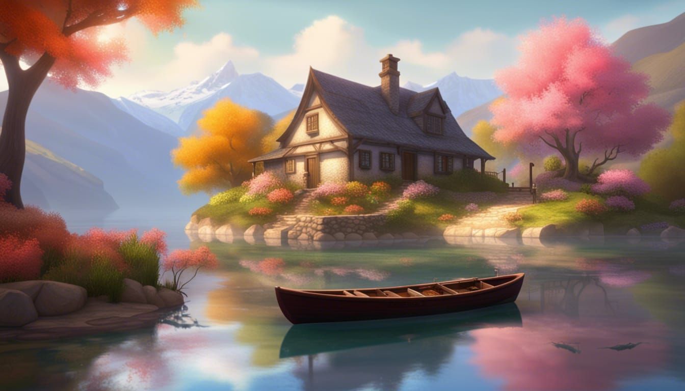Picturesque Cottage by River with Distant Mountains