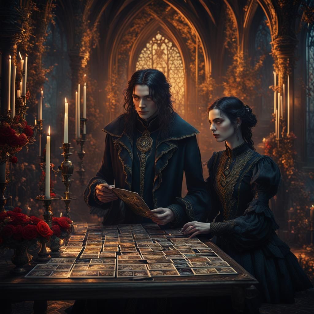 Gothic Lovers with Tarot Cards in Detailed Matte Painting