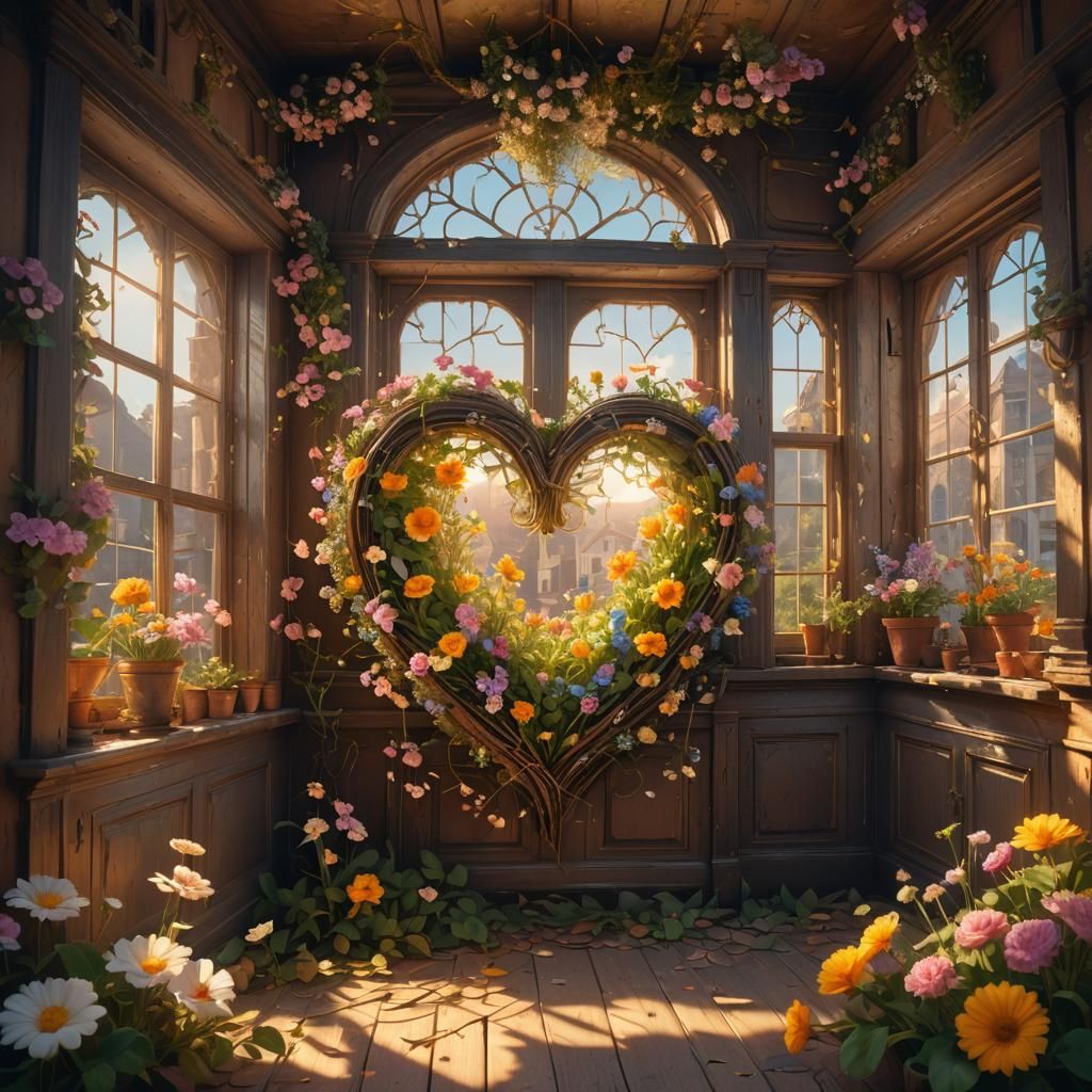 Flowers Growing Around Heart in Old House