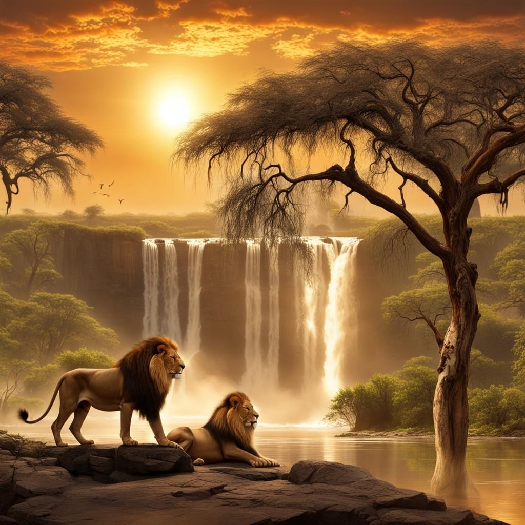 Savanna Lions at Sunrise by Waterfall