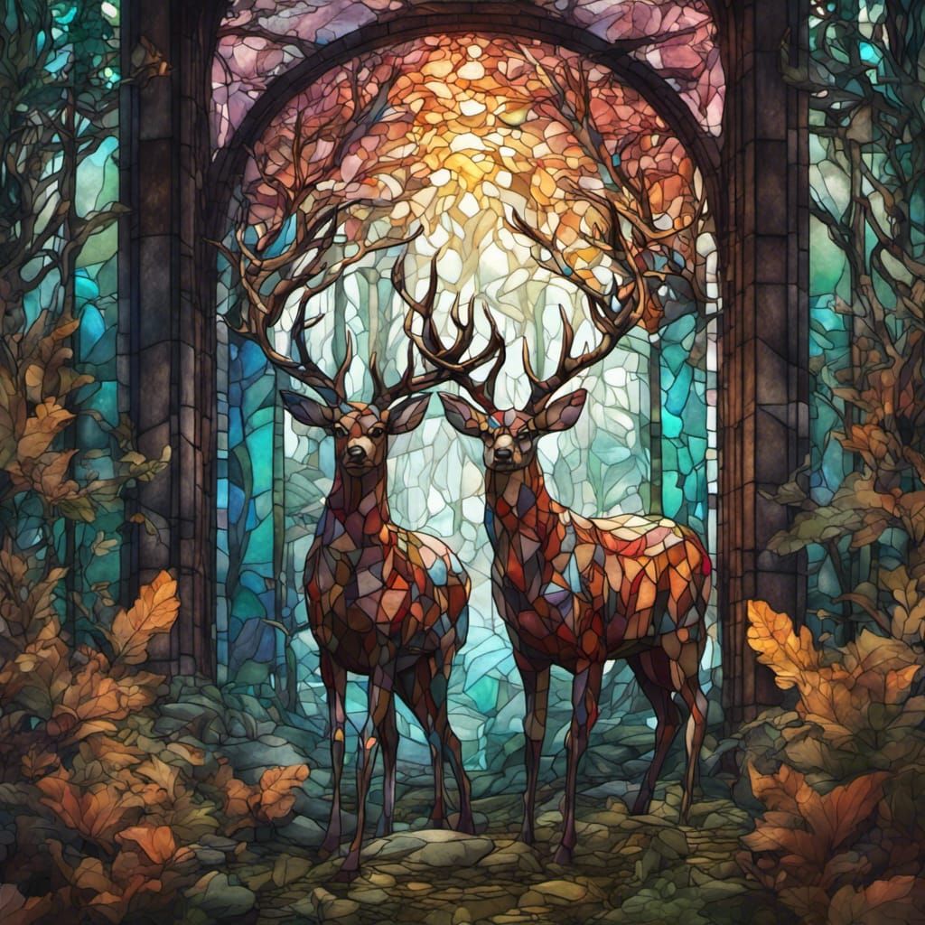 Stained Glass Deer Couple in Forest, Detailed Art