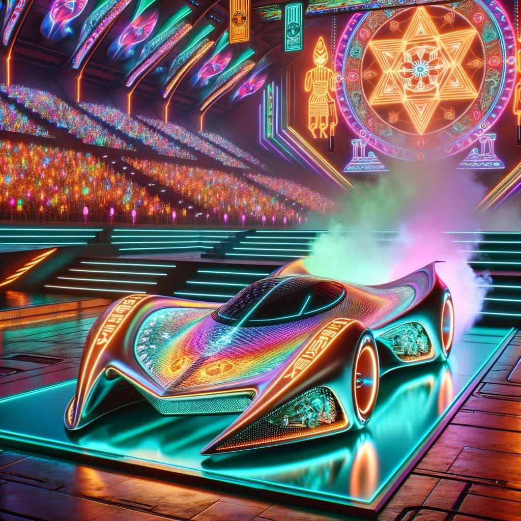 Futuristic Supercar Soaring Down a Neon Pyramid