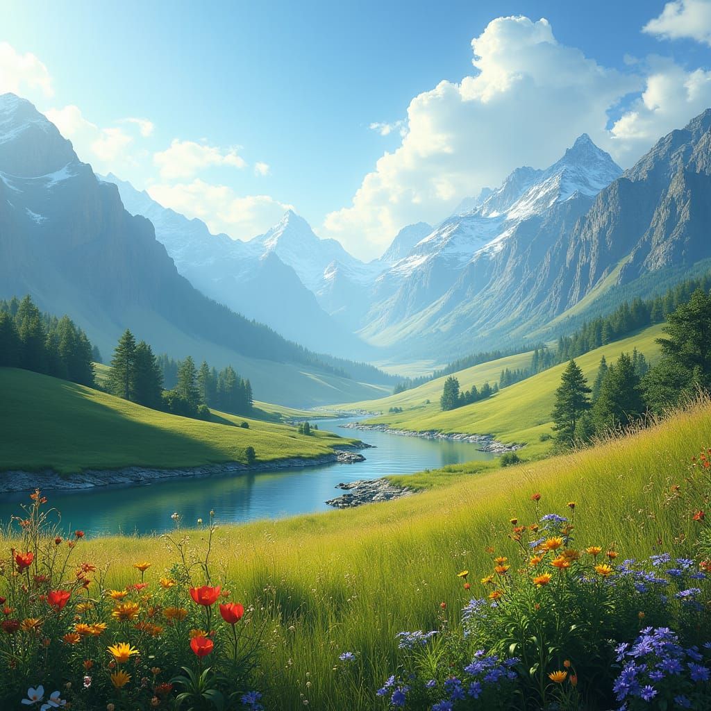 Idyllic Landscape with River and Mountains