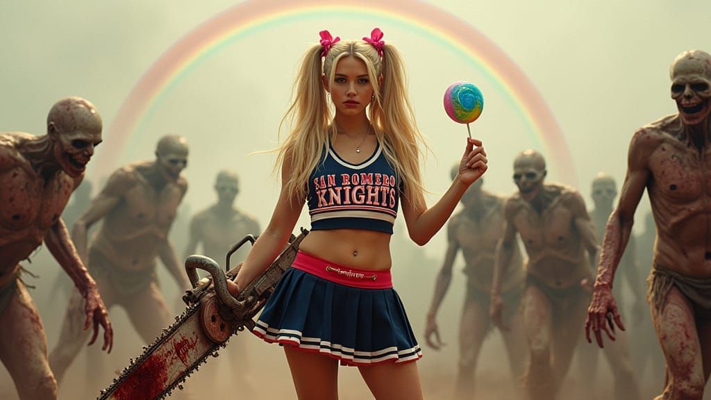 Confident Cheerleader Battles Undead Horde in Cyberpunk Styl...