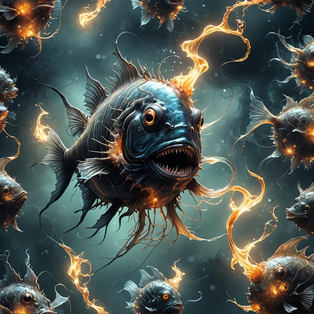 Glowing Anglerfish in Smoky Moonlit Fantasy