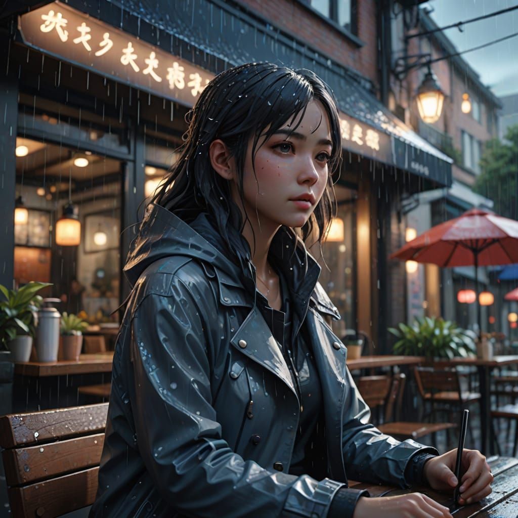 Surreal Anime Girl Finds Solace in Rainy Cafe Scene