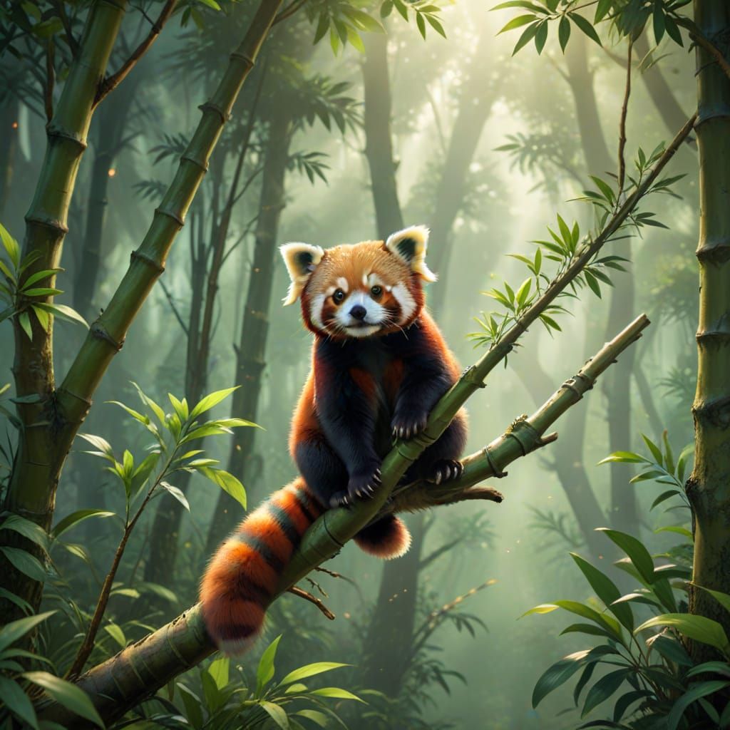 Adorable Red Panda in Lush Bamboo Forest