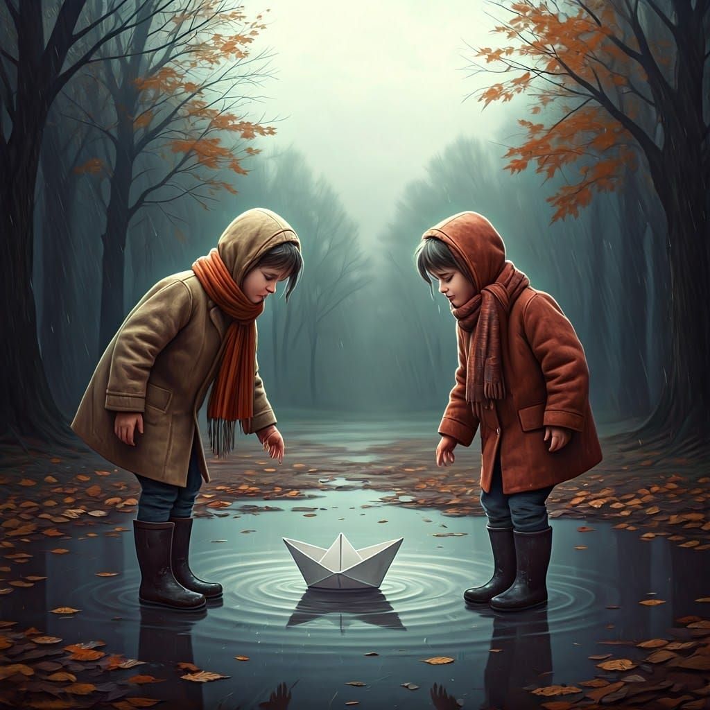 Children's Autumn Adventure: A Cinematic Still