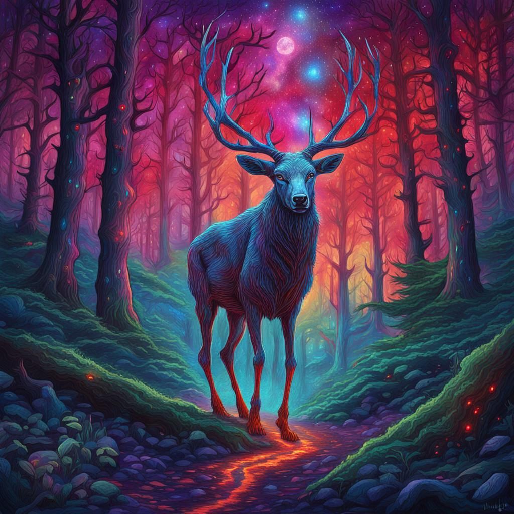 Wendigo in Taillight Forest: Astral Cosmic Illustration
