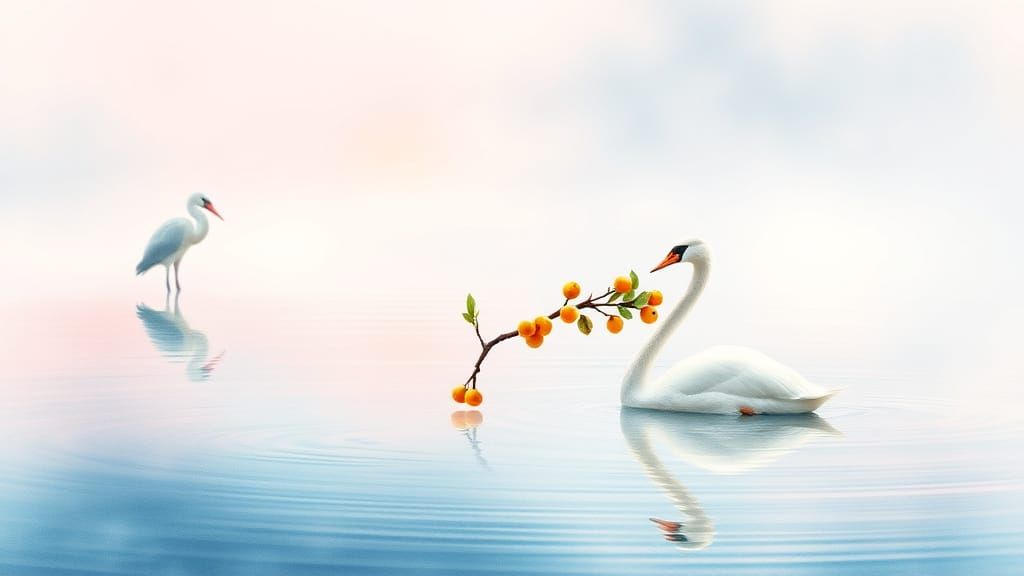 Whimsical Watercolor Waterscape with Herons and Swan