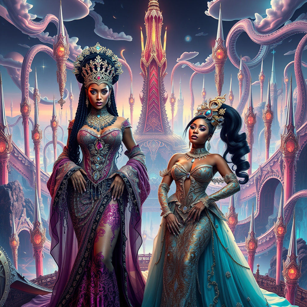 Cardi B and Nicki Minaj in Baroque Dreamscape
