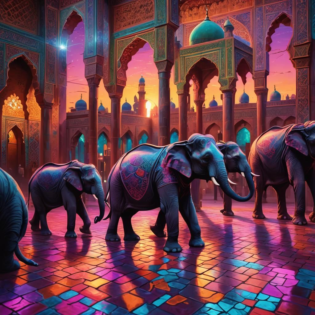 Neon Elephants Clash in Moroccan Mosque