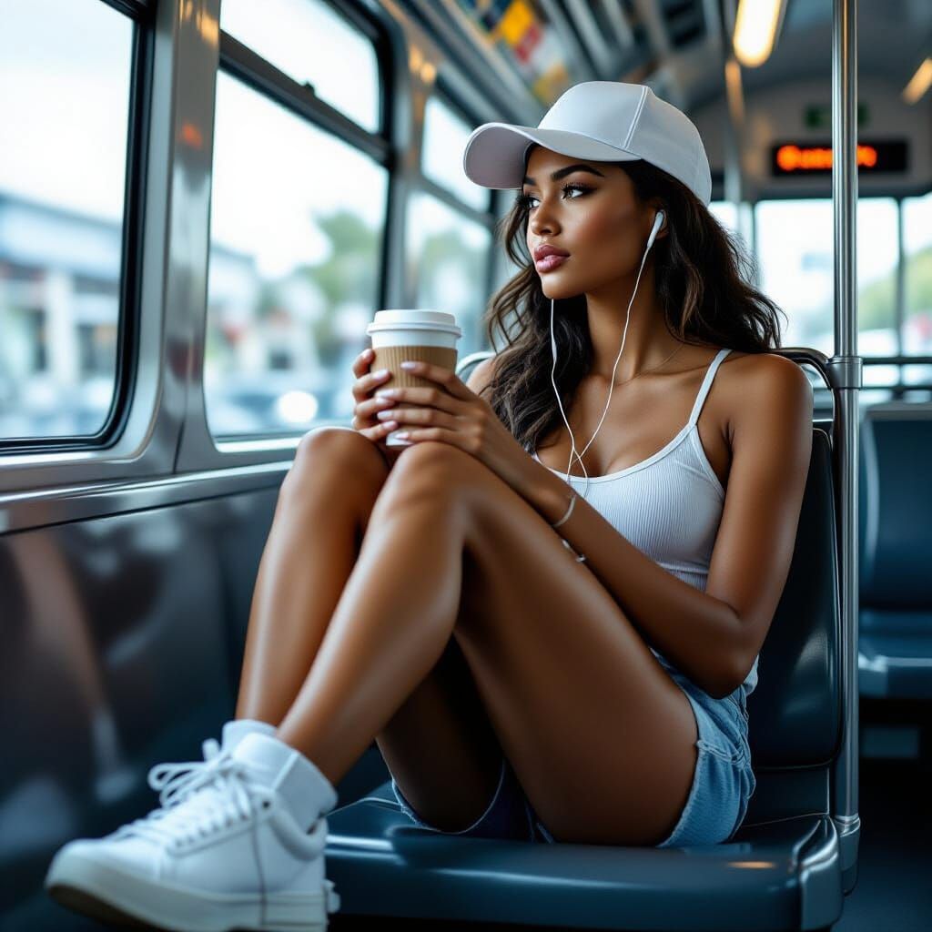 Low-Angle Photo of Model on Bus, Focusing on Sneakers