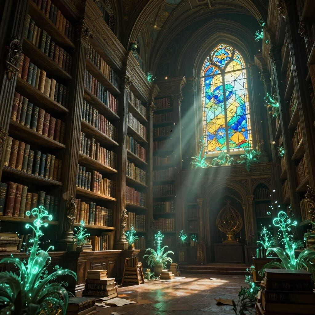 Ancient Library Illuminated by Bioluminescent Flora