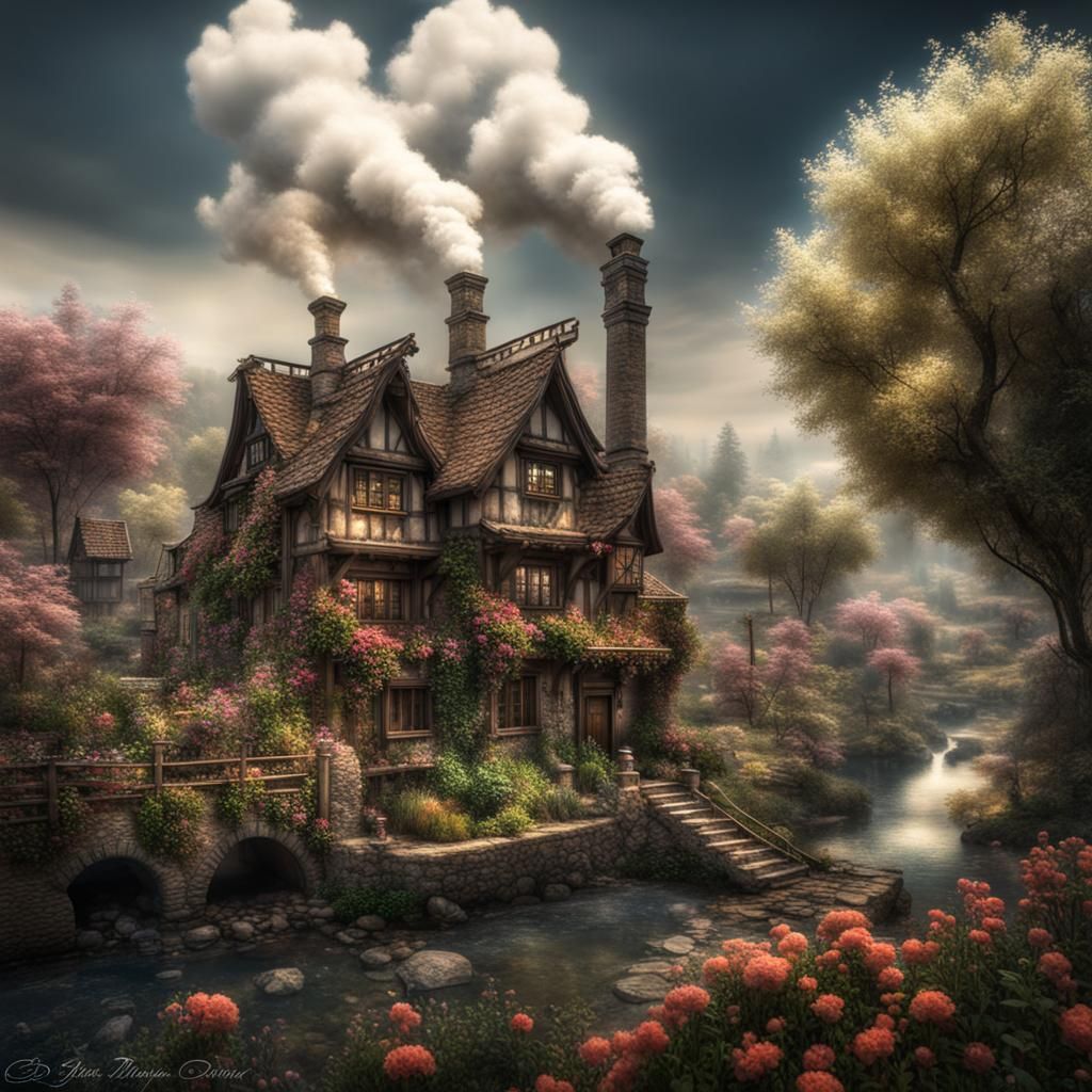 Hyperrealistic Utopian Village with Stream