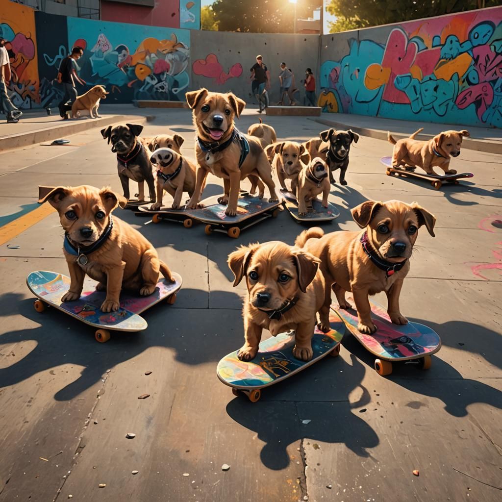 Puppies Shred Skatepark: Hyper-Realistic Digital Art