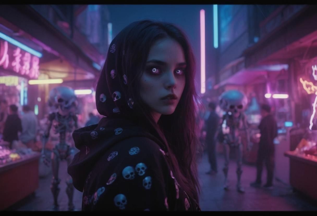 Vampire Girl in Cyberpunk Vaporwave Night Market
