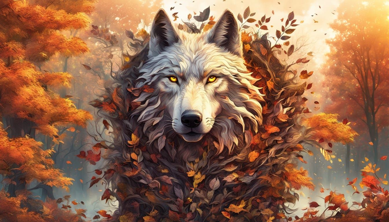Surreal Wolf Transformation into Autumn Leaves