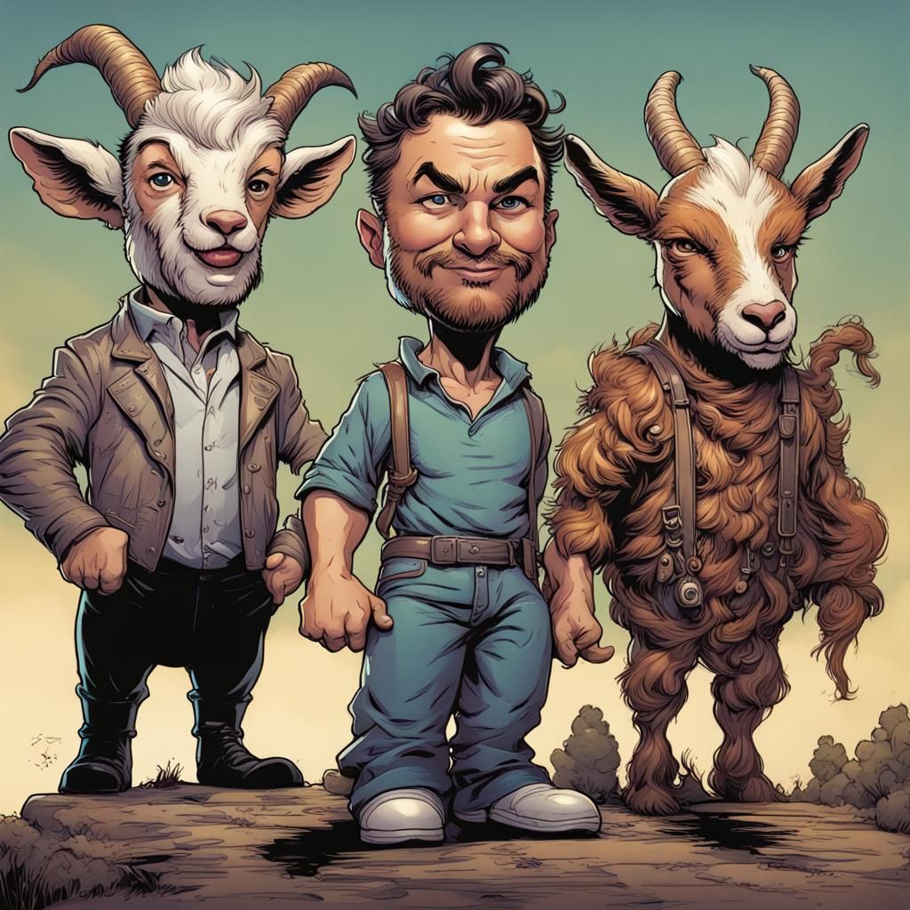 Bobble head, characature, disproportionate large head, small body, 3 goats