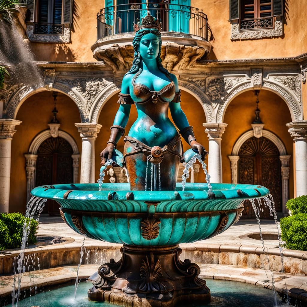 Spectacular Turquoise Fountain With Spanish Princess Sculptu...