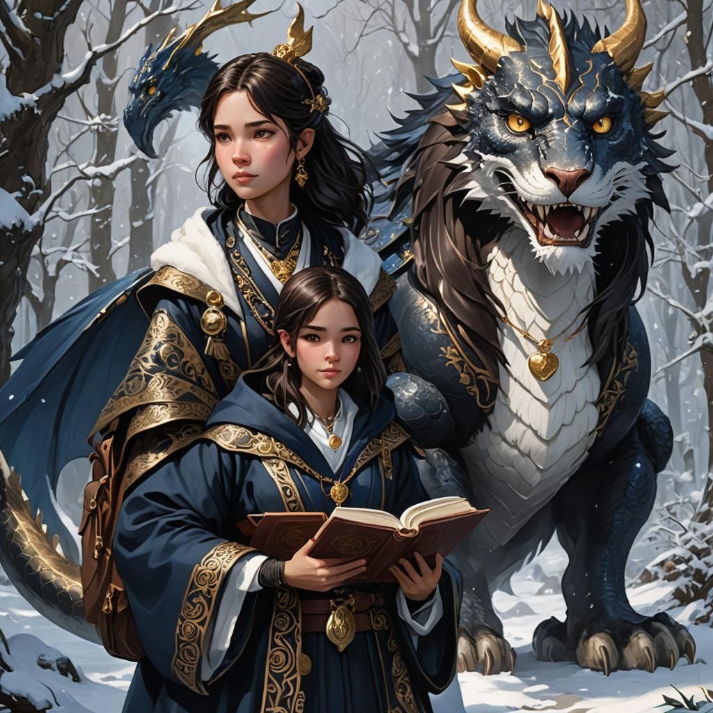 Girl, Dragon, and Cat in Snowy Forest