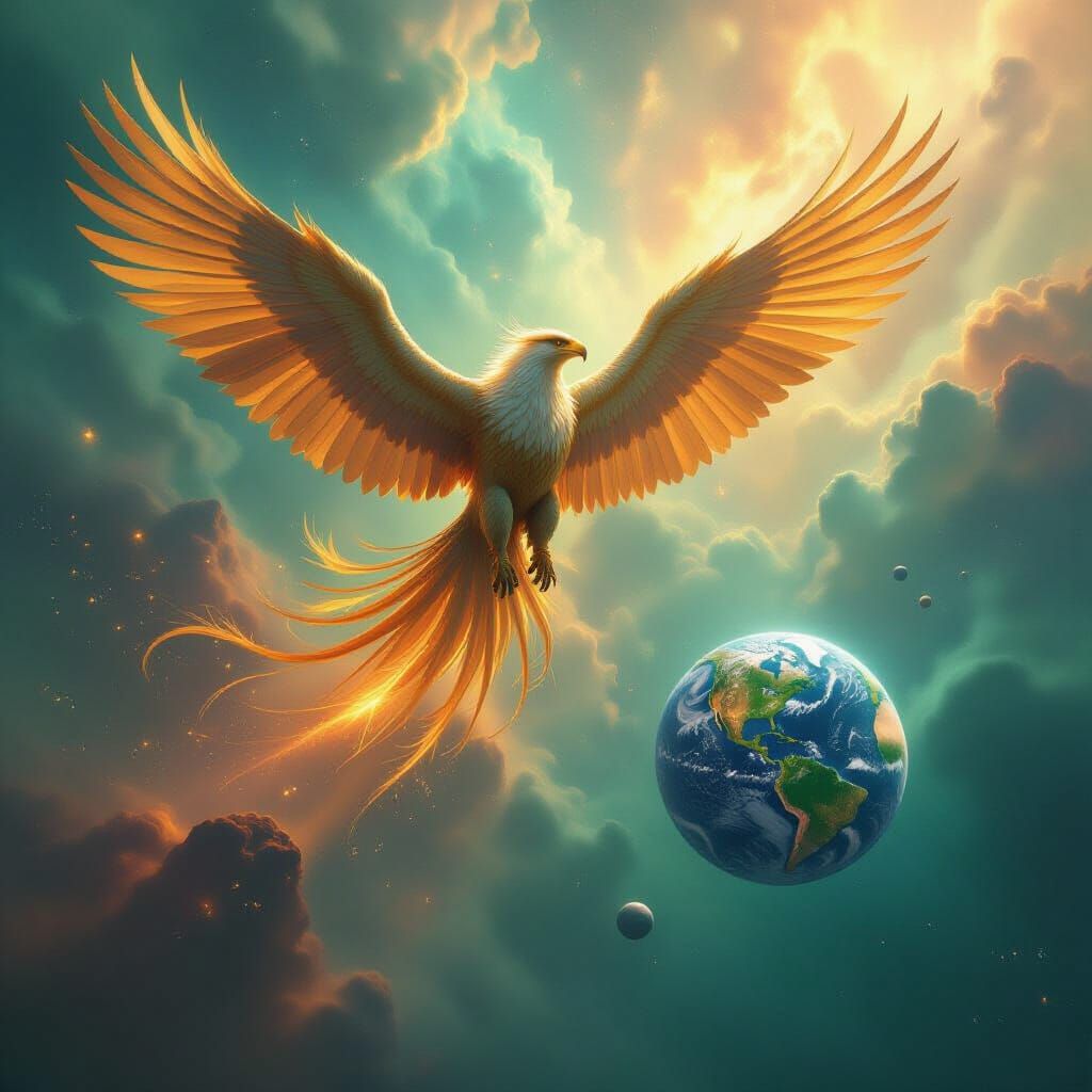 Colossal Griffin Soars Through Emerald Nebula