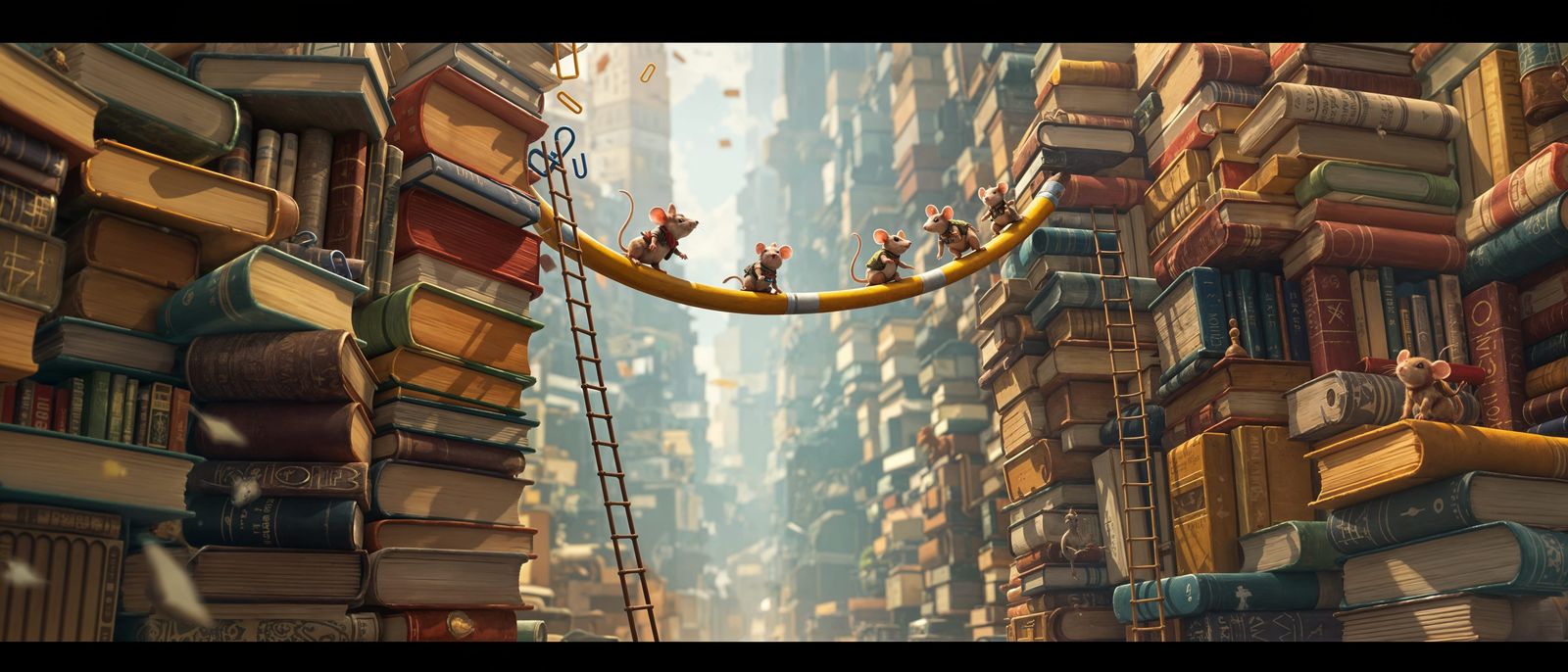 Whimsical Mice Adventurers Scaling Towering Bookshelves