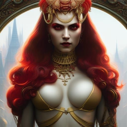 Elaborate Woman with Red Snake: Hyperdetailed Fantasy Art