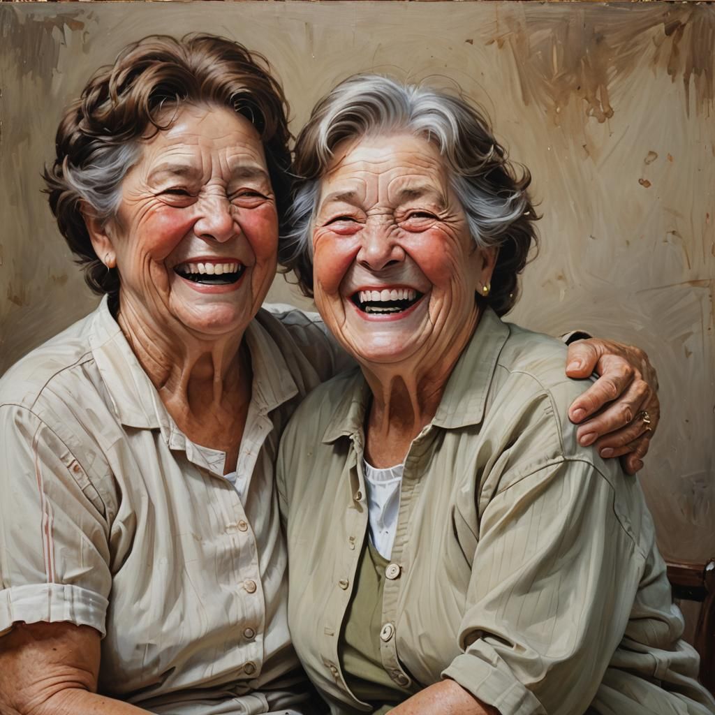 Mother and Daughter Laughing, Oil Painting Portrait