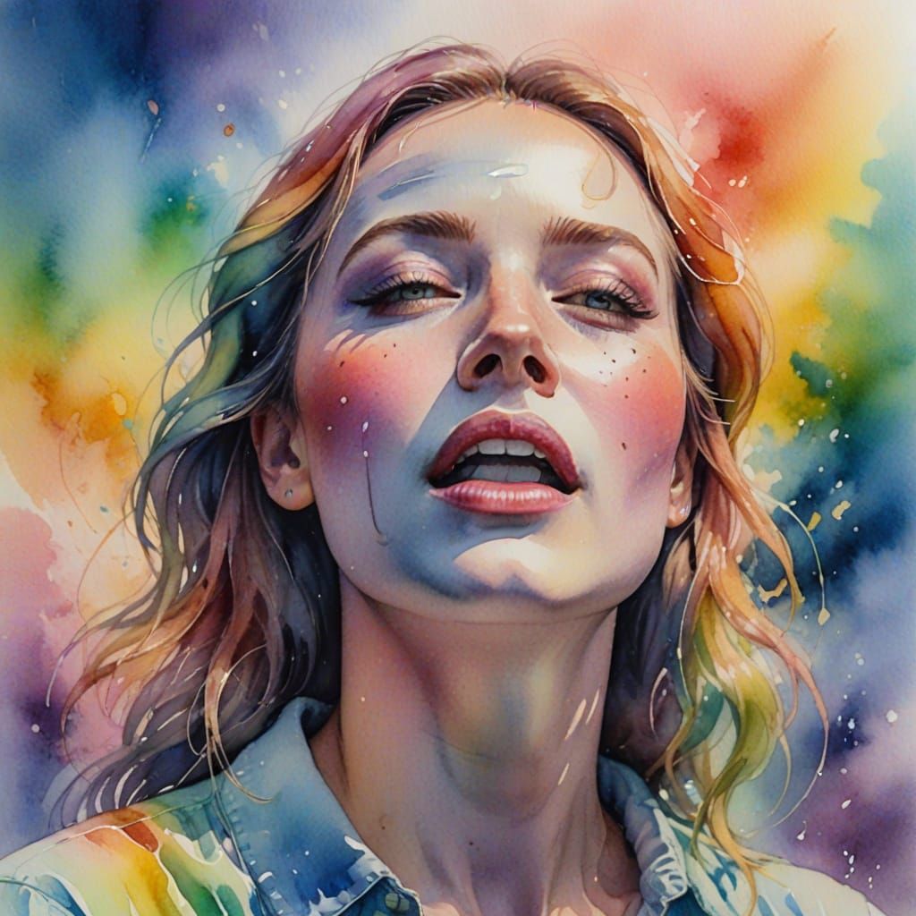 Watercolour using pastel rainbow all colours dramatic pose mouth closed.