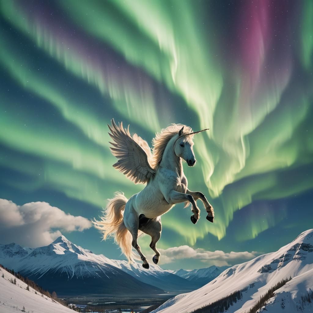 A  Pegasus is flying towards the northern lights with the mountain behind the northern lights.
