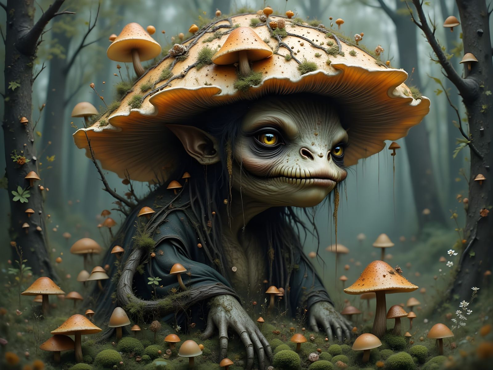Fantasy Mushroom Monster in Forest Roots