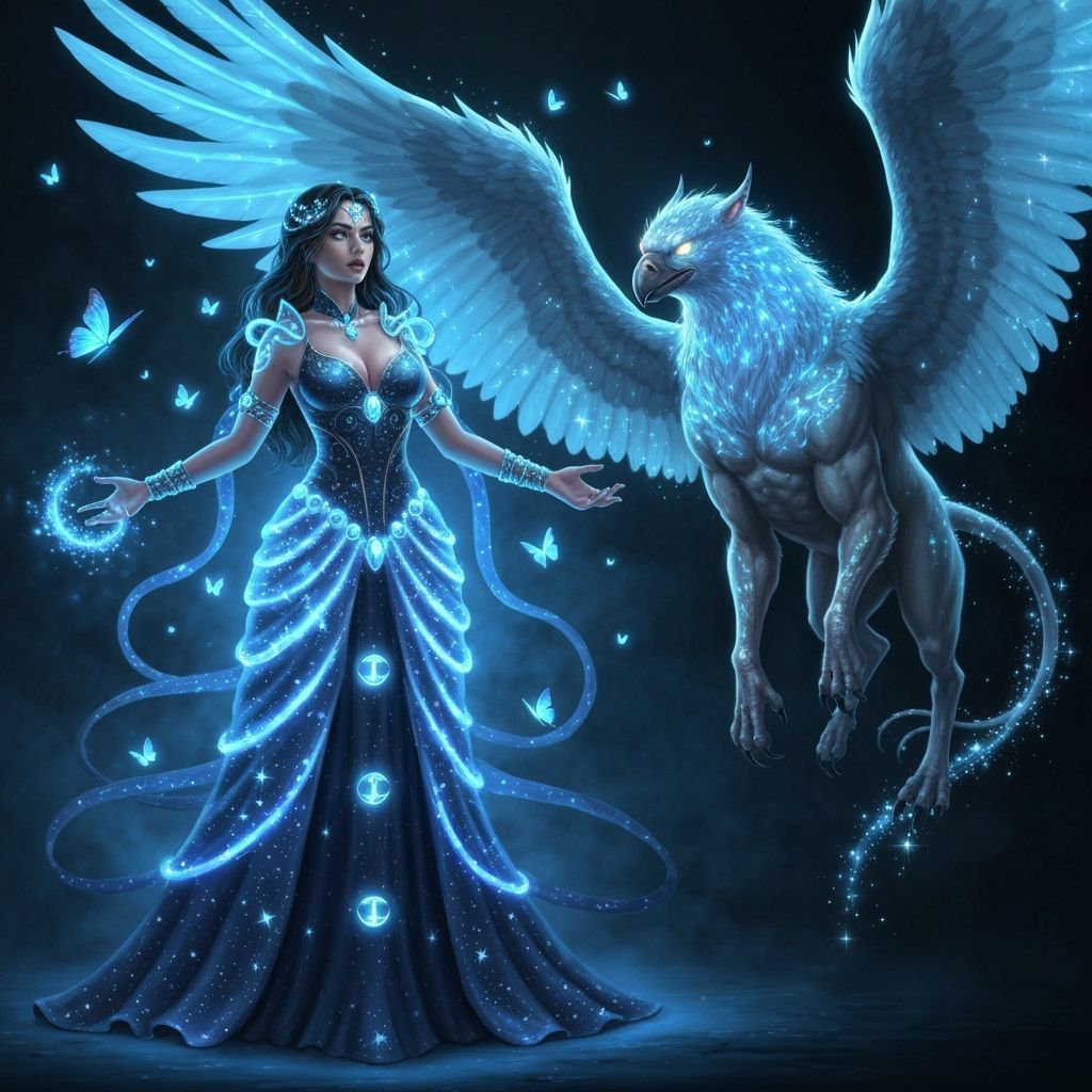 Sorceress Summons Luminous Griffin Amidst Celestial Magic