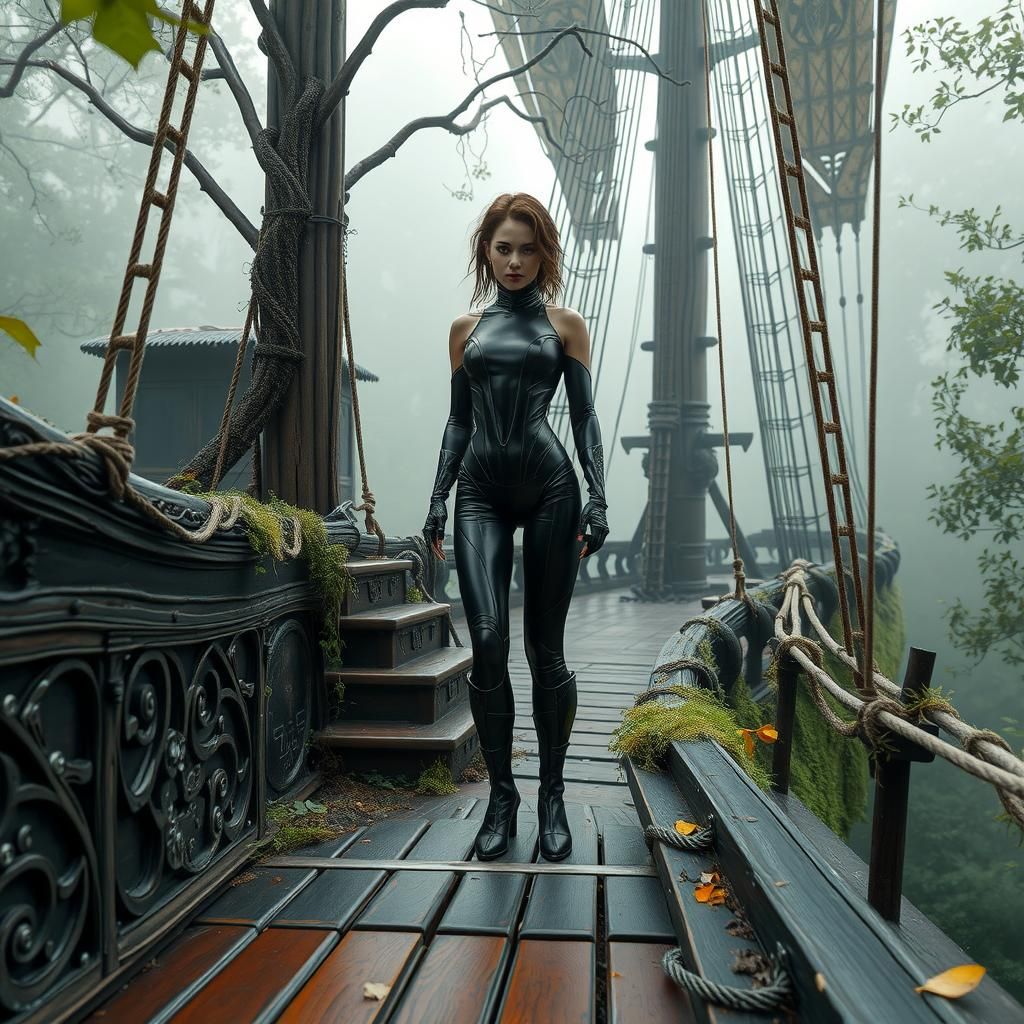 Futuristic Woman on Forest Ship, Dreamy Landscape