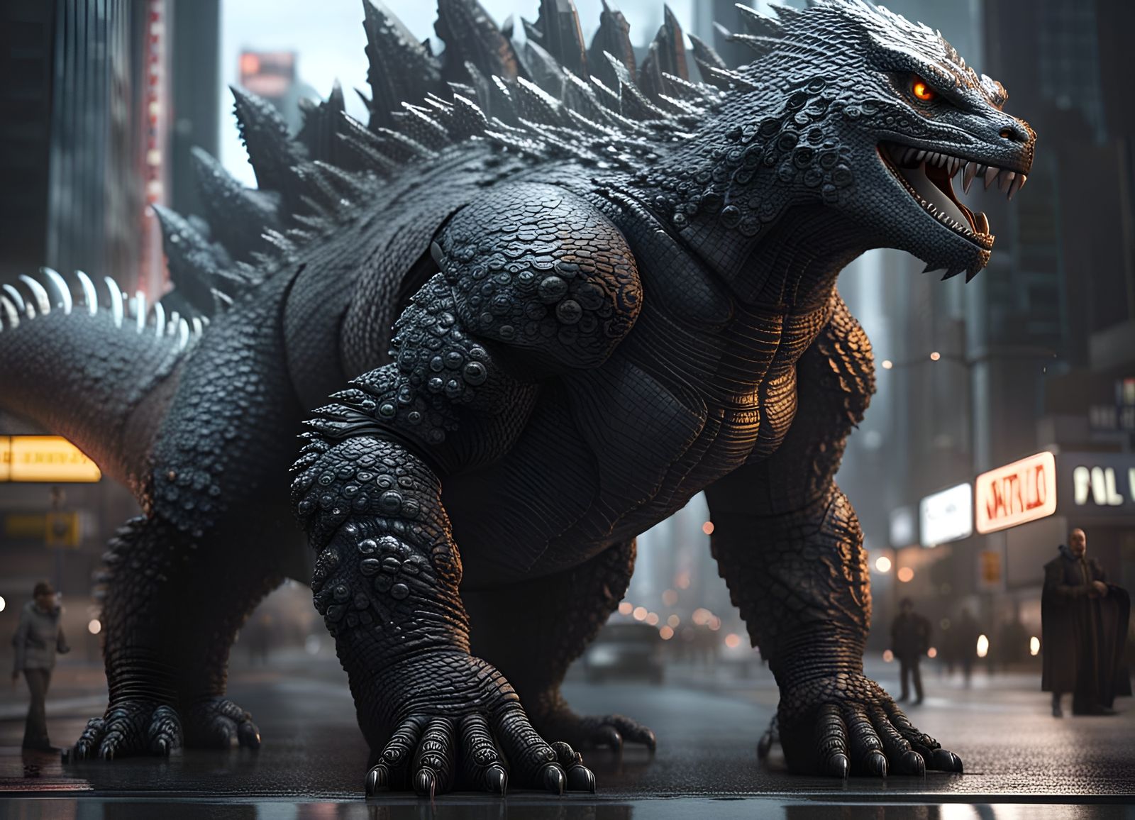 Godzilla in Mega City: Hyperrealistic Digital Art
