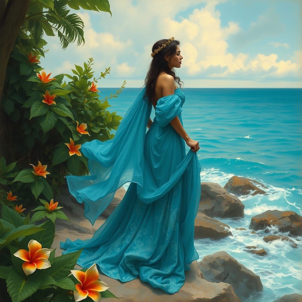 Romantic Goddess of the Ocean in Dreamy Tropical Landscape