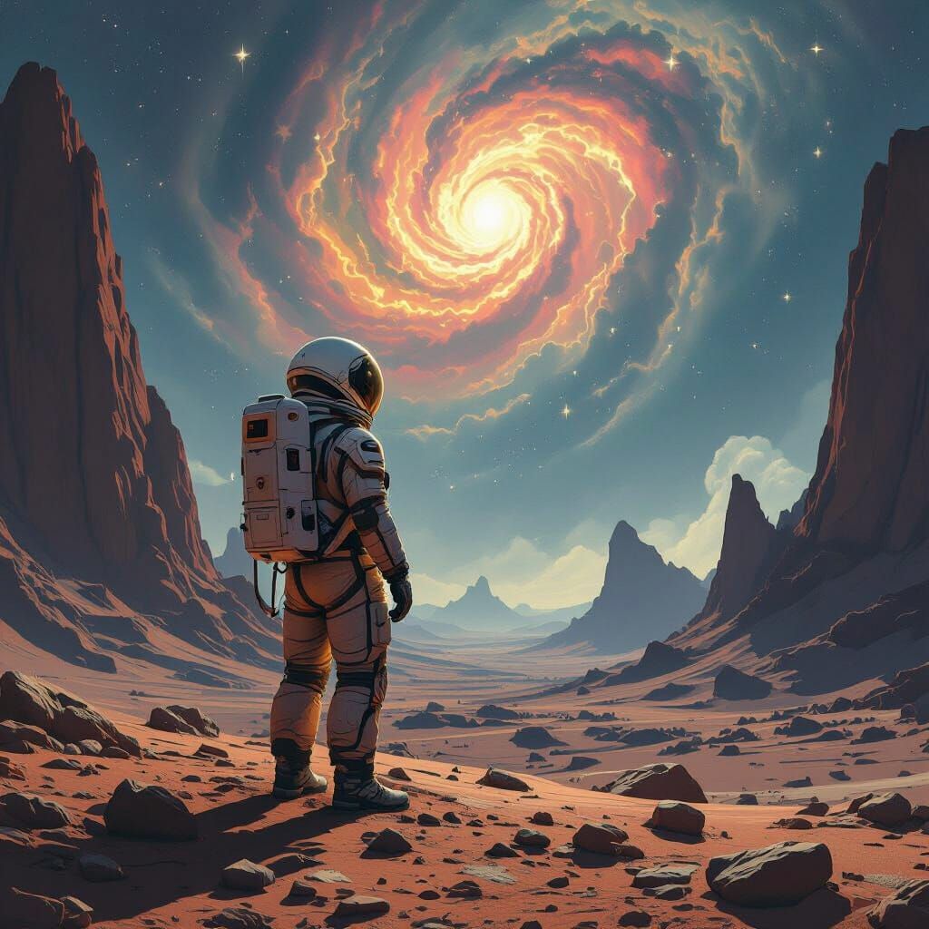 Astronaut on Alien Planet with Nebula Sky