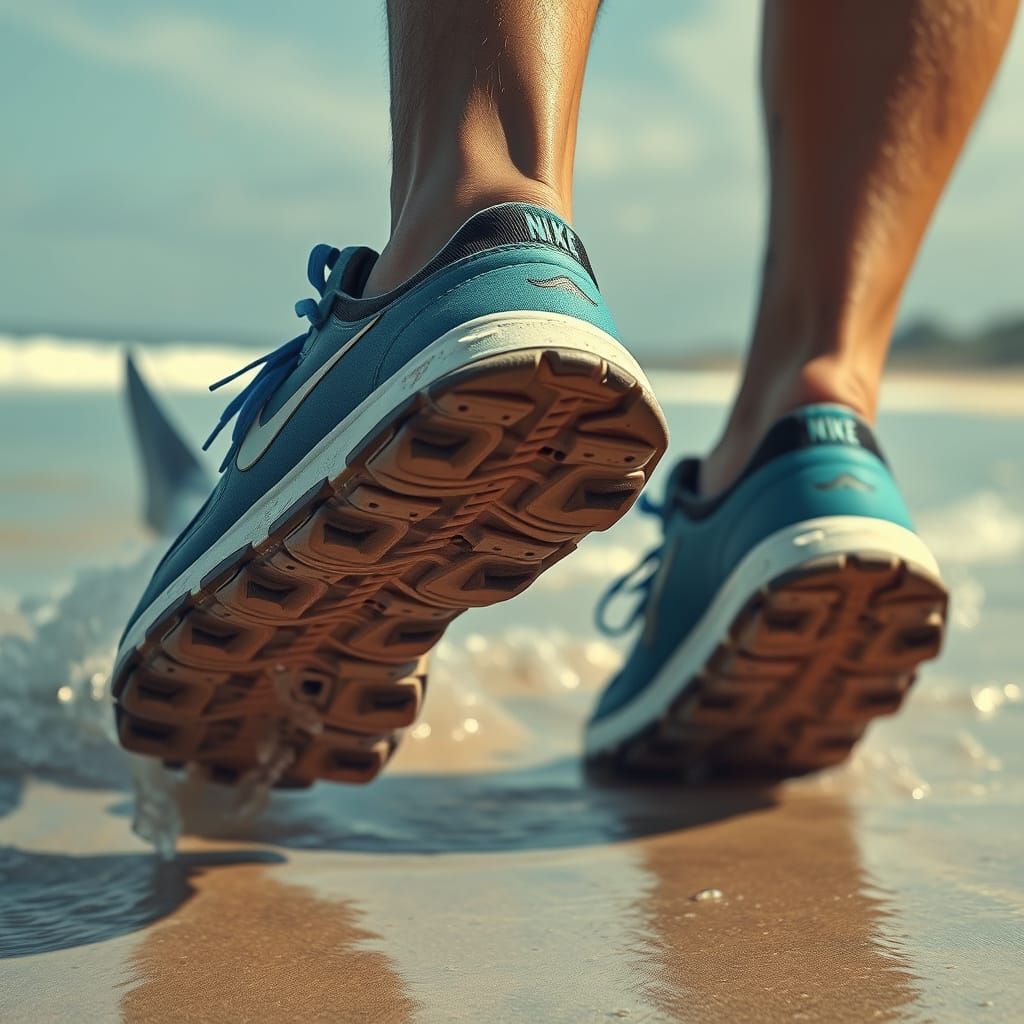 Tiburón Hyperrealistic Beach Scene with Nike Shoes